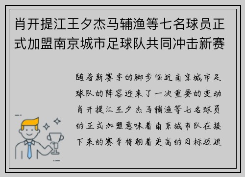 肖开提江王夕杰马辅渔等七名球员正式加盟南京城市足球队共同冲击新赛季