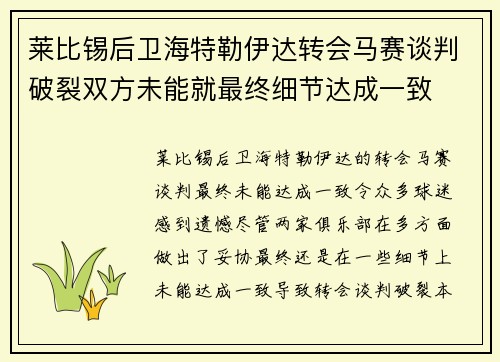 莱比锡后卫海特勒伊达转会马赛谈判破裂双方未能就最终细节达成一致